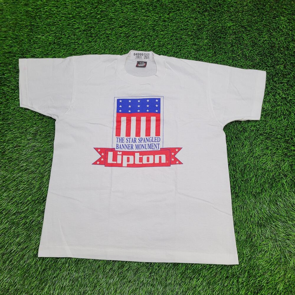 Vintage 90s Lipton Tea Shirt Womens L 21x25 White American Flag